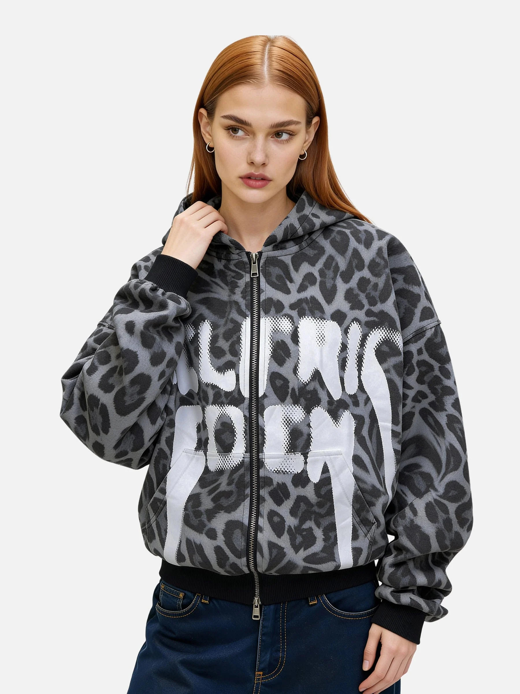 Aelfric Eden Leopard Graffiti Boxy Zip Up Hoodie