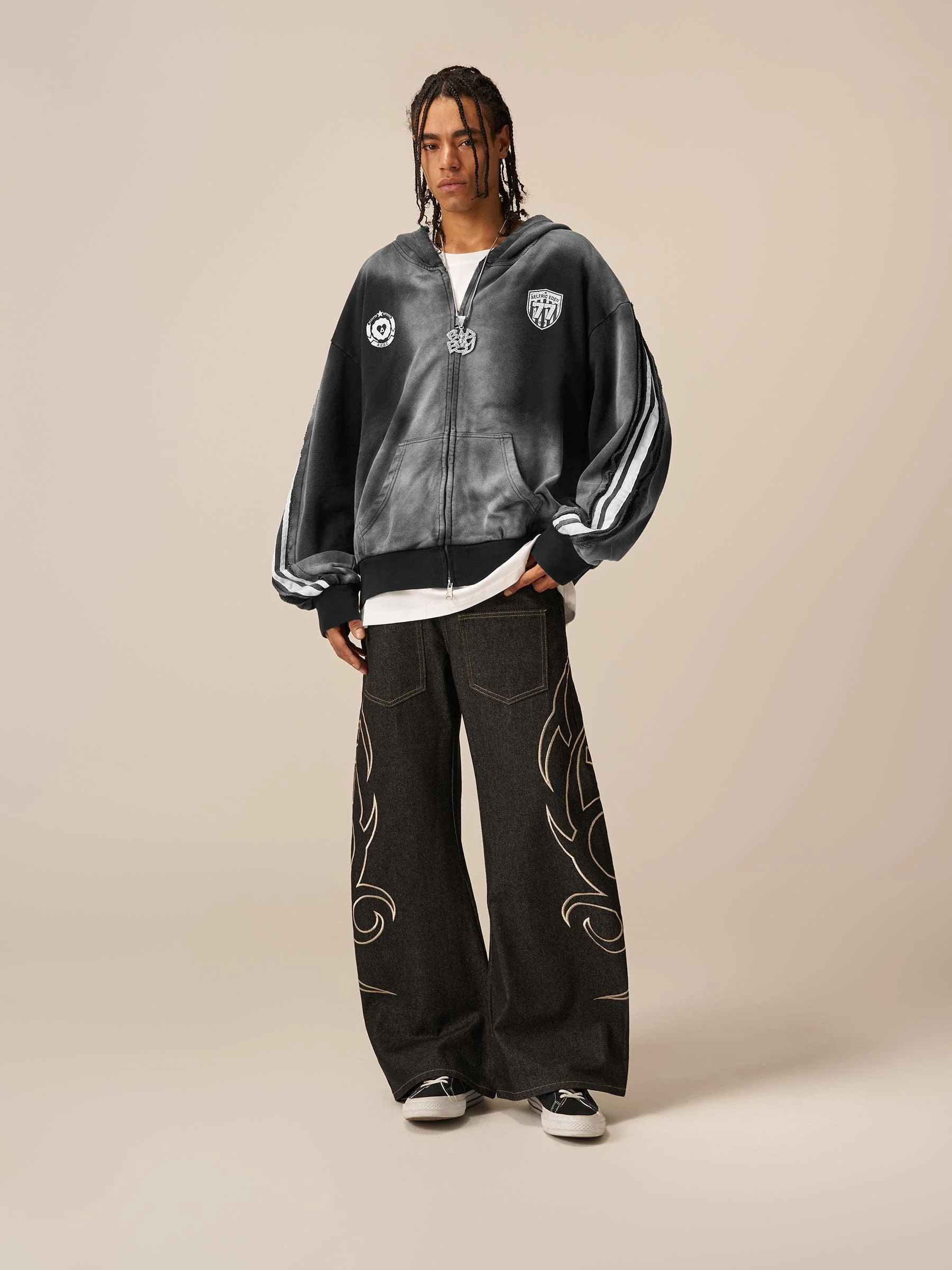 Aelfric Eden Boxy fit 77 Stripe Zip Hoodie – Acid Wash - Image 3